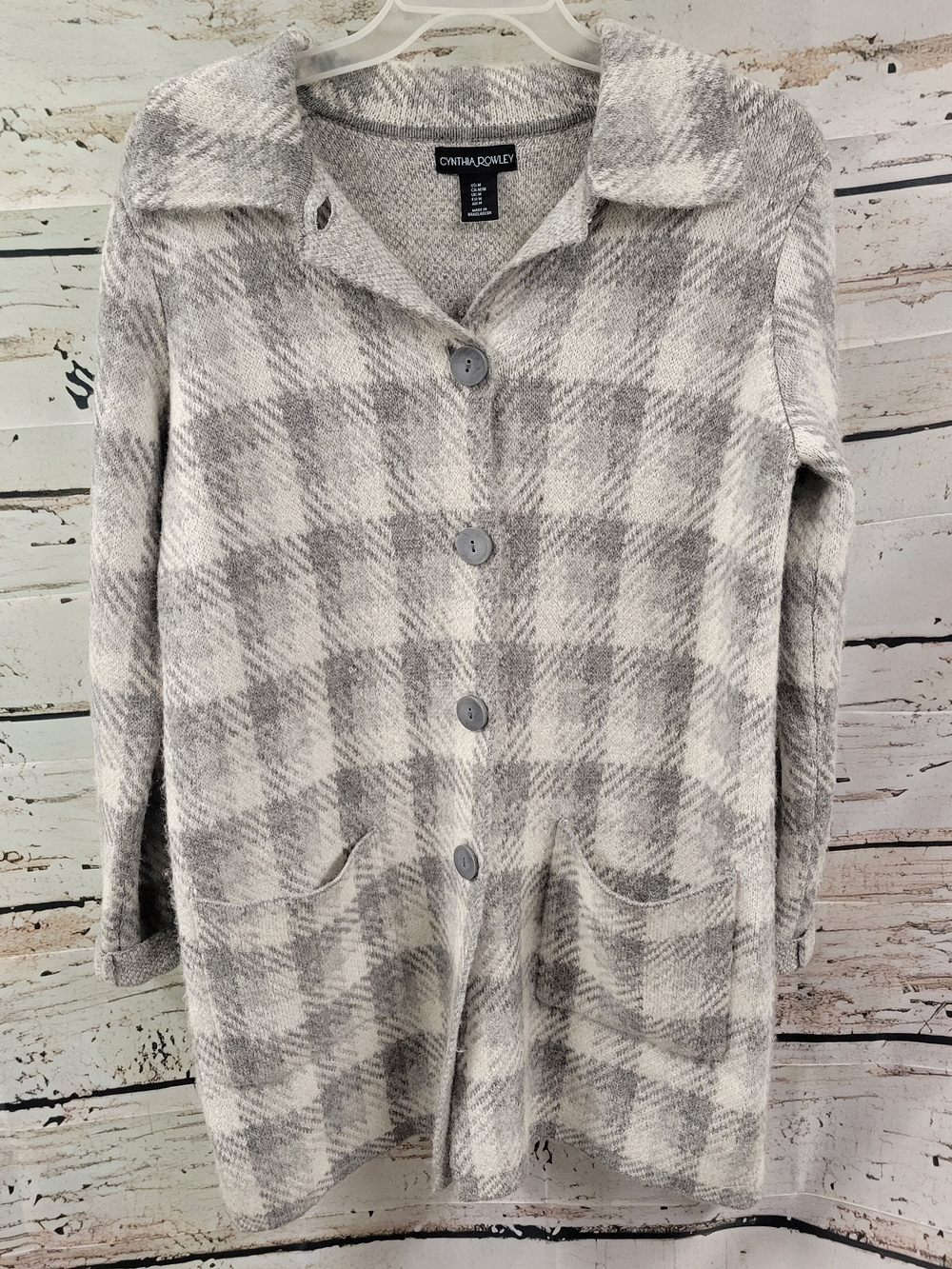 Cynthia Rowley Plaid Sweater Coat Cardigan Size M Gray White Button Front
